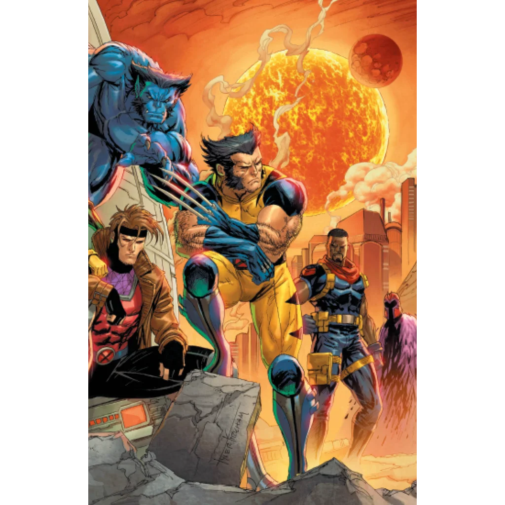 Tyler Kirkham Connecting Cover X-Men #14 Virgin Variant with Wolverine Beast Gambit Cable under orange sky