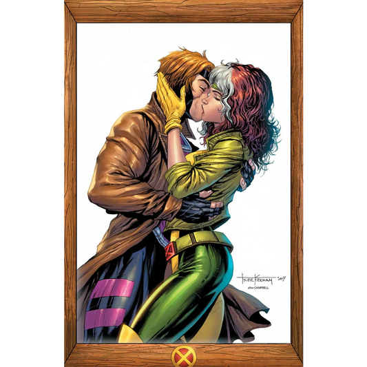 Framed comic cover featuring Gambit and Rogue kissing from Tyler Kirkham exclusive comics Tyler Kirkham