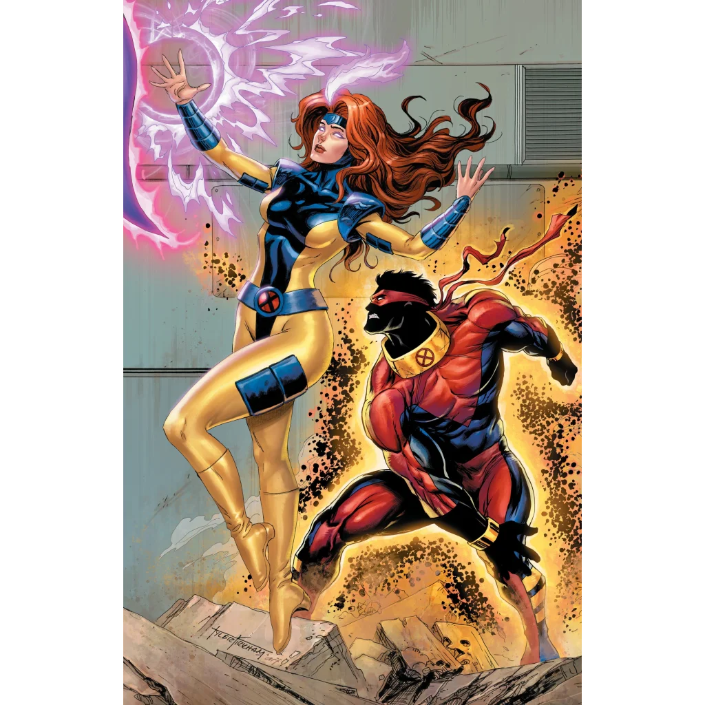 Tyler Kirkham signed X-Men #9 Black White Variant comic cover with Jean Grey and Bishop in action