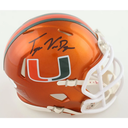 Orange Miami Hurricanes Flash alternate mini helmet signed by Tyler Van Dyke with autograph