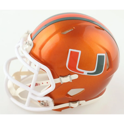 Orange Miami Hurricanes flash alternate mini helmet with Tyler Van Dyke signature and white facemask
