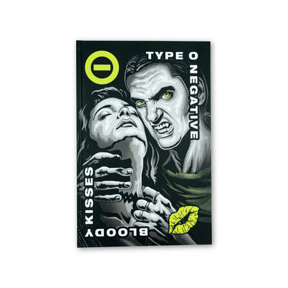 Black hardcover notebook featuring a vampire and woman illustration with type o negative bloody kisses text and neon yellow accents