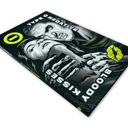 Black hardcover book type o negative bloody kisses deluxe bundle with neon yellow and white graphic design and stylized figures