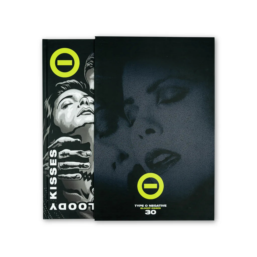 Black hardcover book type o negative bloody kisses deluxe bundle with stylized faces neon yellow logos titled kisses