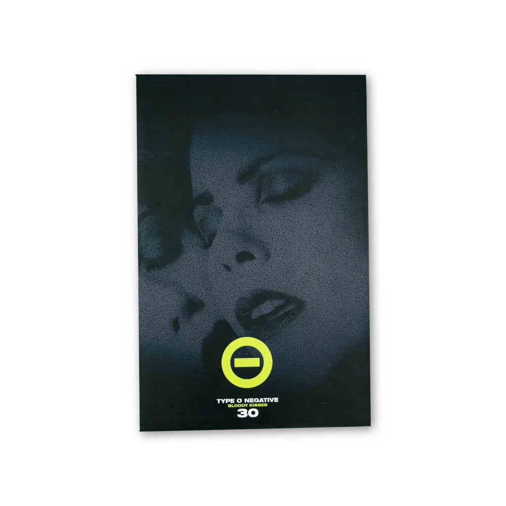 Black album cover of type o negative bloody kisses deluxe bundle featuring moody portrait with yellow circular logo