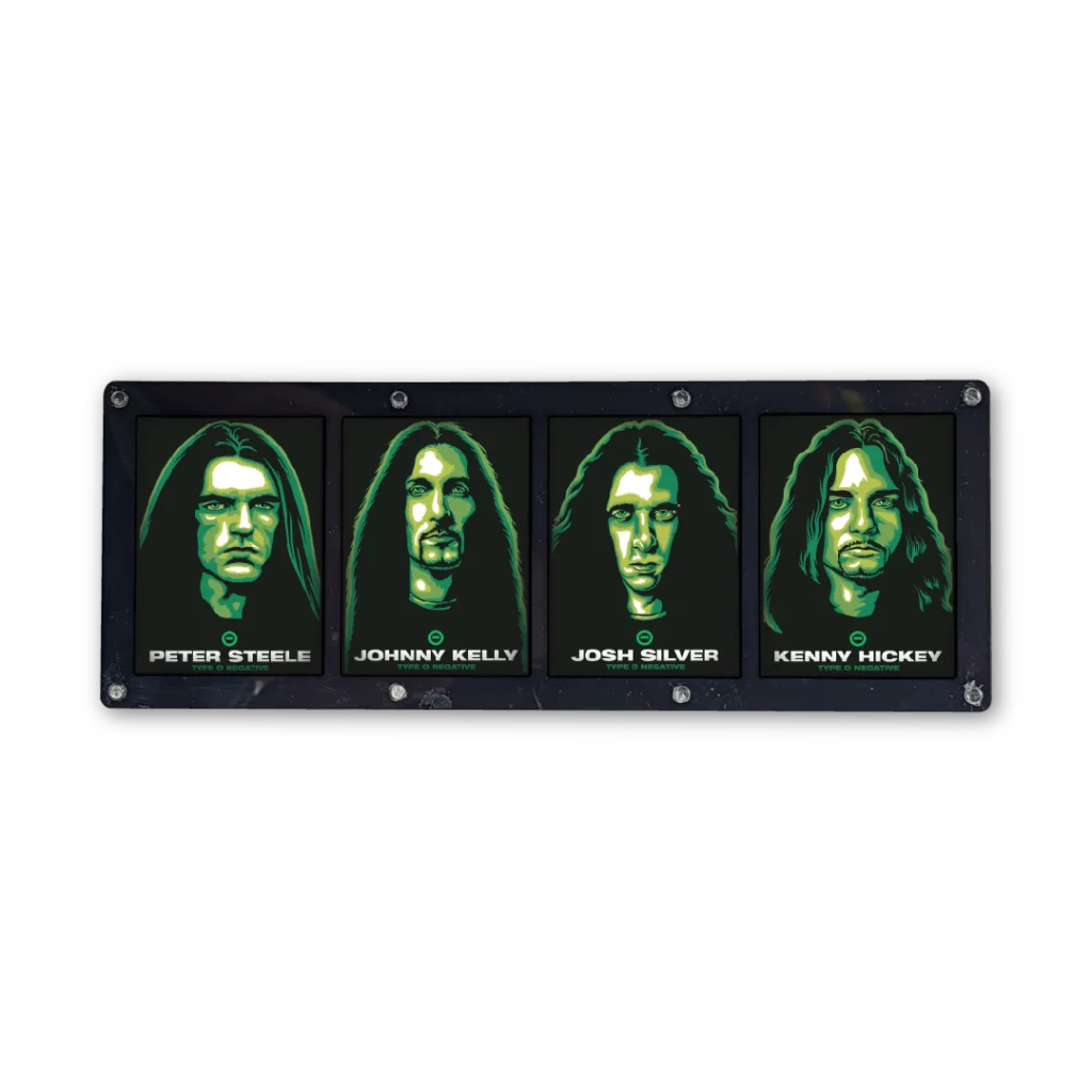 Type O Negative trading cards framed panel with four long-haired men’s portraits