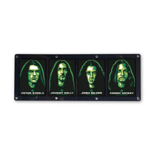 Type O Negative trading cards framed panel with four long-haired men’s portraits