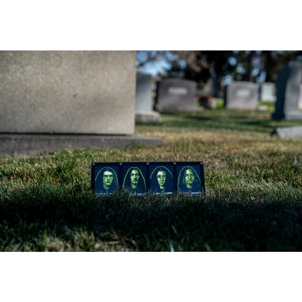 Four framed portraits of men with long hair from the Type O Negative trading card set