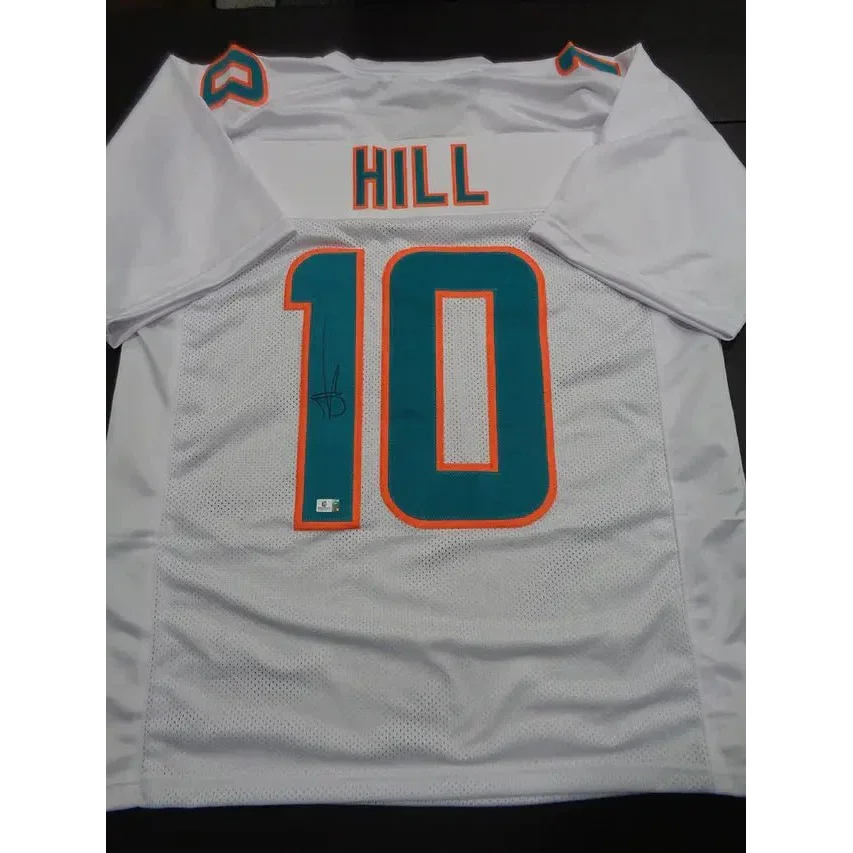 White Tyreek Hill Miami Dolphins autographed jersey with teal and orange accents