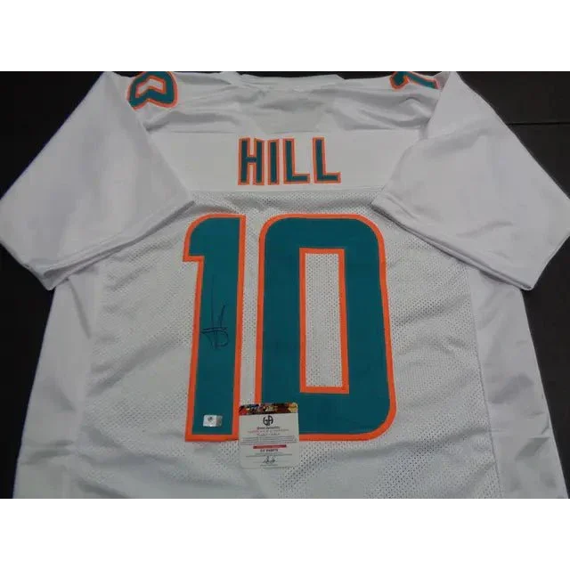 White Tyreek Hill Miami Dolphins autographed jersey with teal and orange details