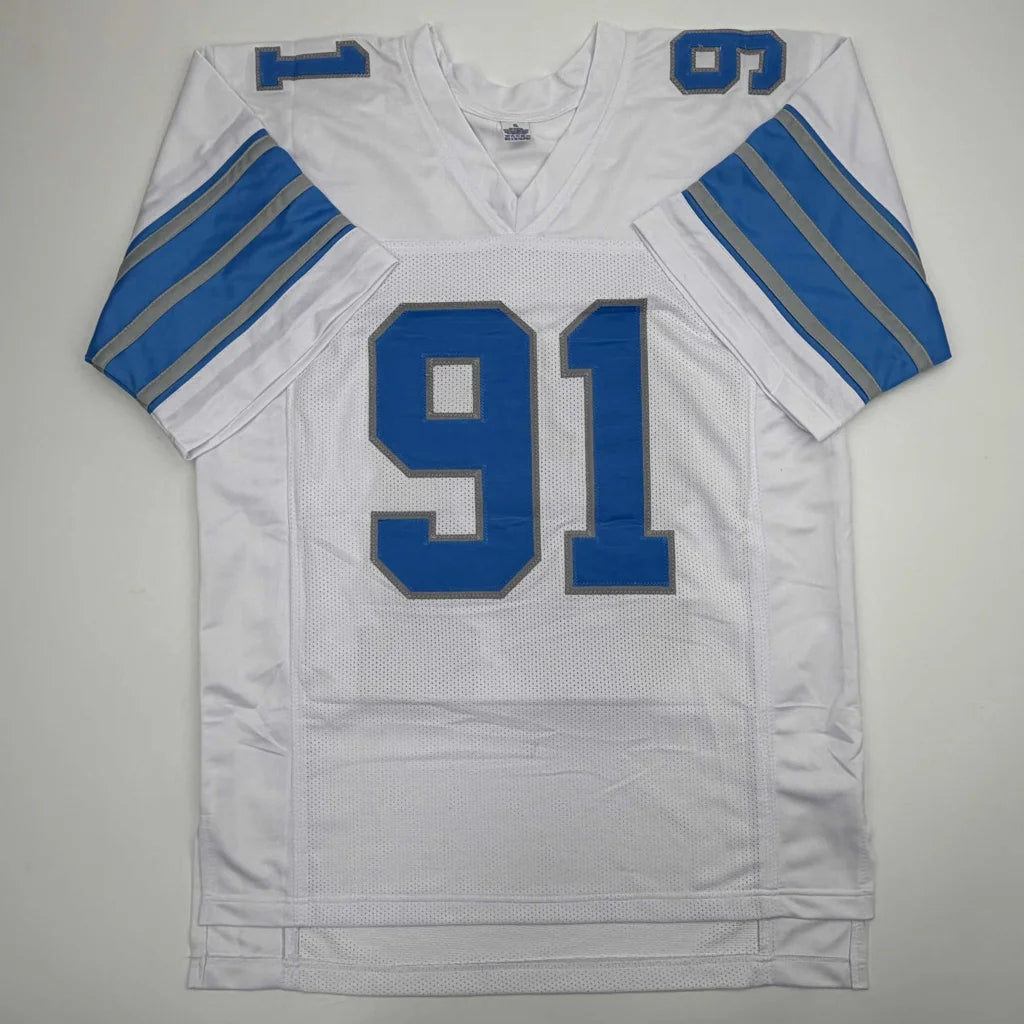 Tyrod Williams signed custom jersey in Detroit Lions white and blue with number 91
