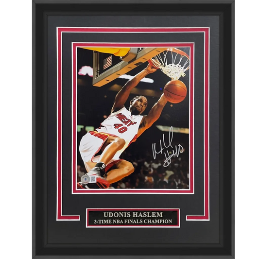 Framed 8x10 photo of Udonis Haslem mid-dunk in Miami Heat jersey, autographed, deluxe framed