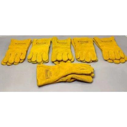 Six pairs of yellow leather MIG welding gloves from the Ultimate Blackstone MIG Welding Gloves Protection Pack