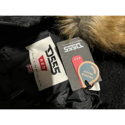 Black D-555 Ski Jacket with Faux Fur Hood and Product Tags for Winter Adventures