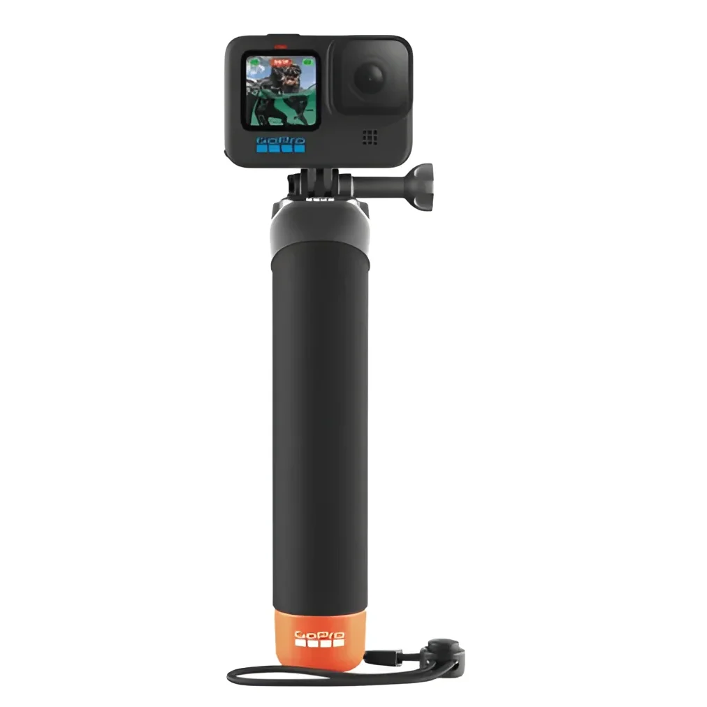 Black GoPro HERO on orange and black floating hand grip with wrist strap for water fun