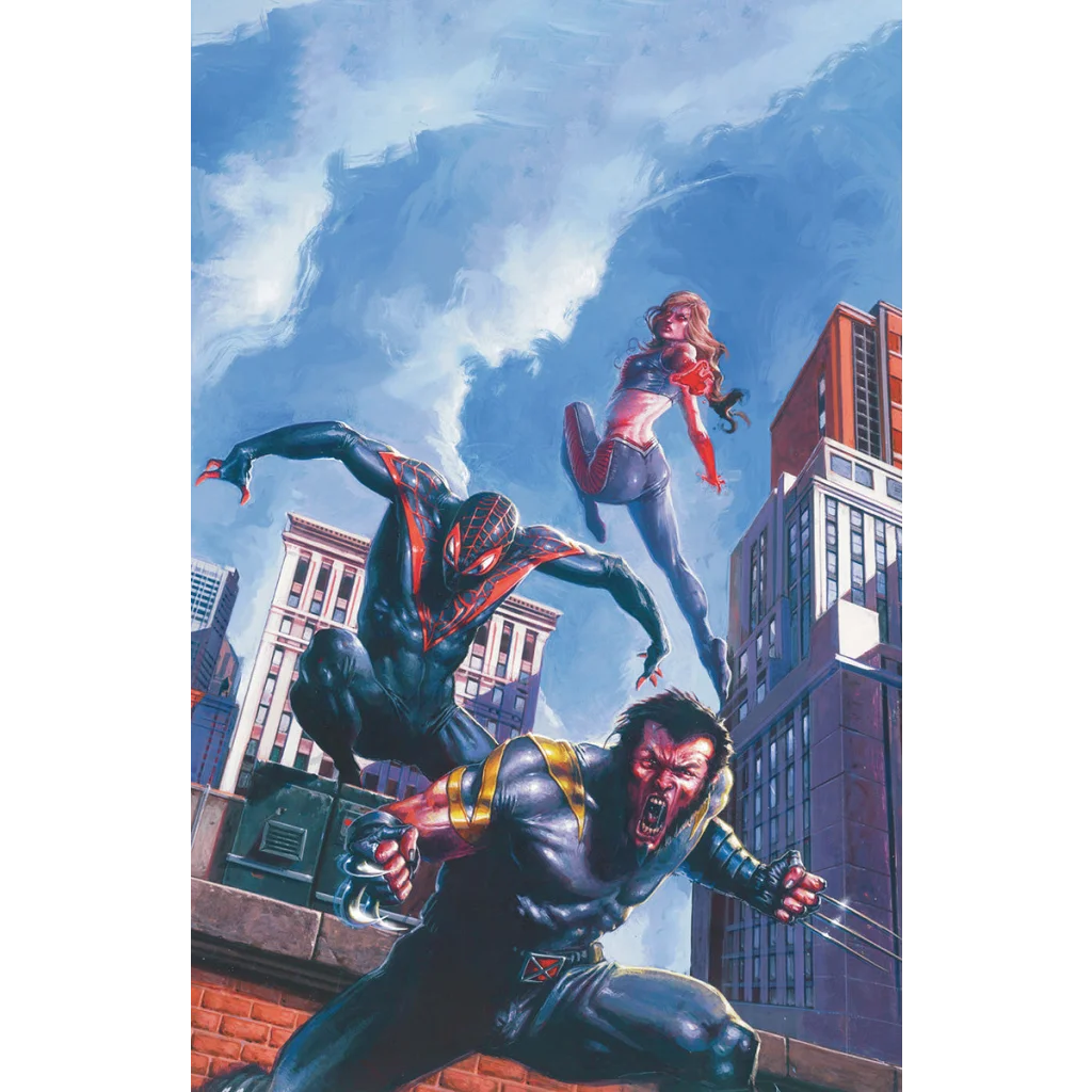 Comic book superheroes Wolverine Miles Morales and female hero in action, Ultimate Invasion #1
