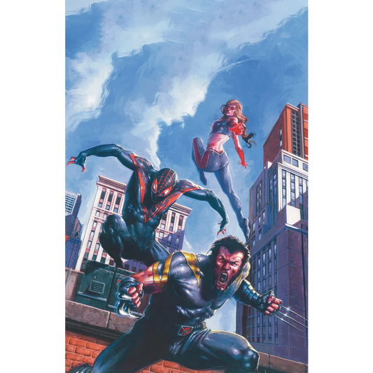 Comic book superheroes Wolverine Miles Morales and female hero in action, Ultimate Invasion #1