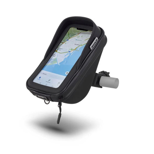 Black motorcycle smartphone holder with clear screen cover, map view, and sun visor