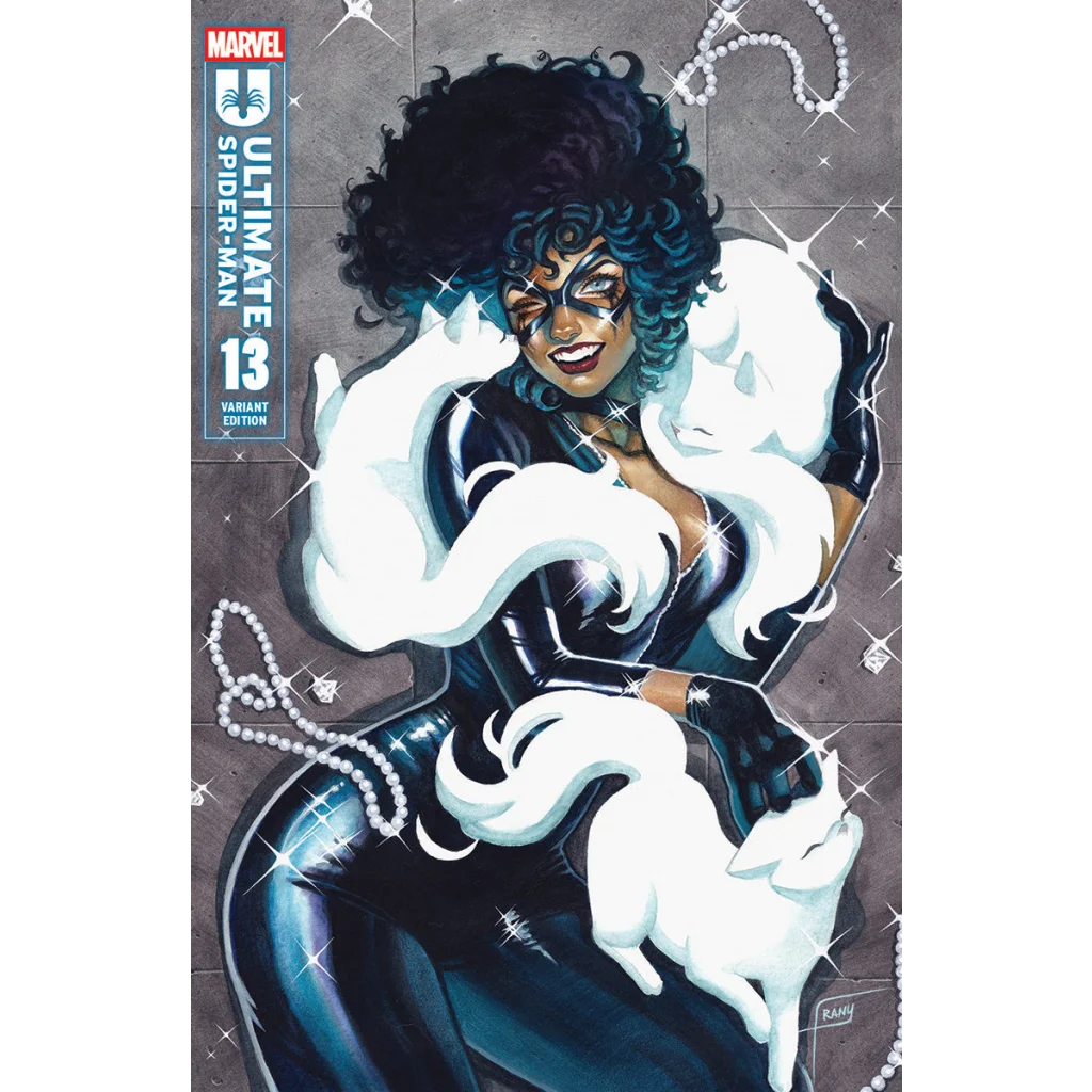 Black and white fur-trimmed coat with pearl necklace and patent leather gloves from Unknown Comics Frany exclusive