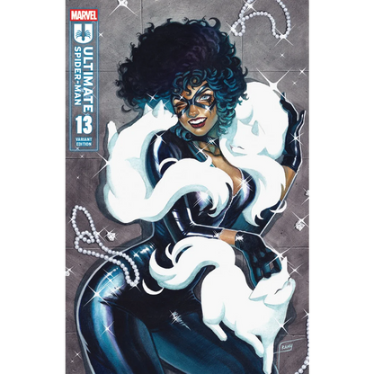 Black and white fur-trimmed coat with pearl necklace and patent leather gloves from Unknown Comics Frany exclusive