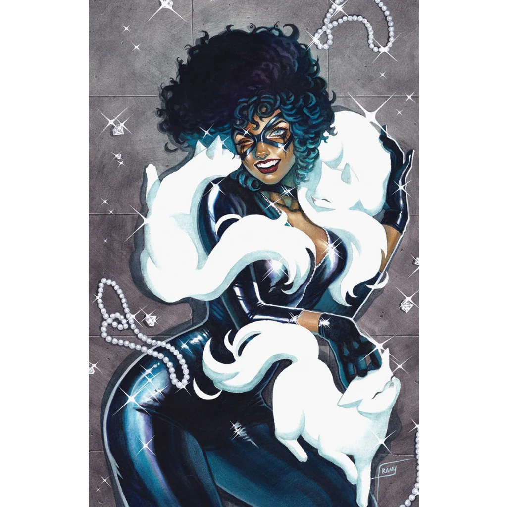 Stylized Catwoman in black and white fur with pearls and diamonds, from Comics Frany Exclusive