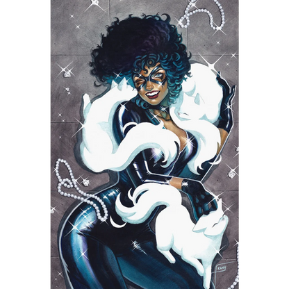 Stylized Catwoman in black and white fur with pearls and diamonds, from Comics Frany Exclusive