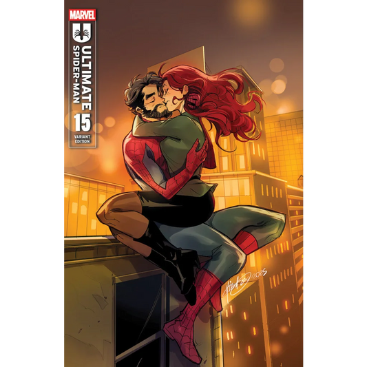 Ultimate Spider-Man Mirka Andolfo exclusive cover featuring Spider-Man and Mary Jane on a rooftop