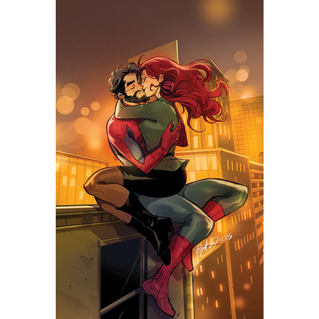 Comic book illustration of a man and woman in a passionate embrace on a rooftop for Ultimate Spider-Man Mirka Andolfo Virgin Variant Cover Exclusive