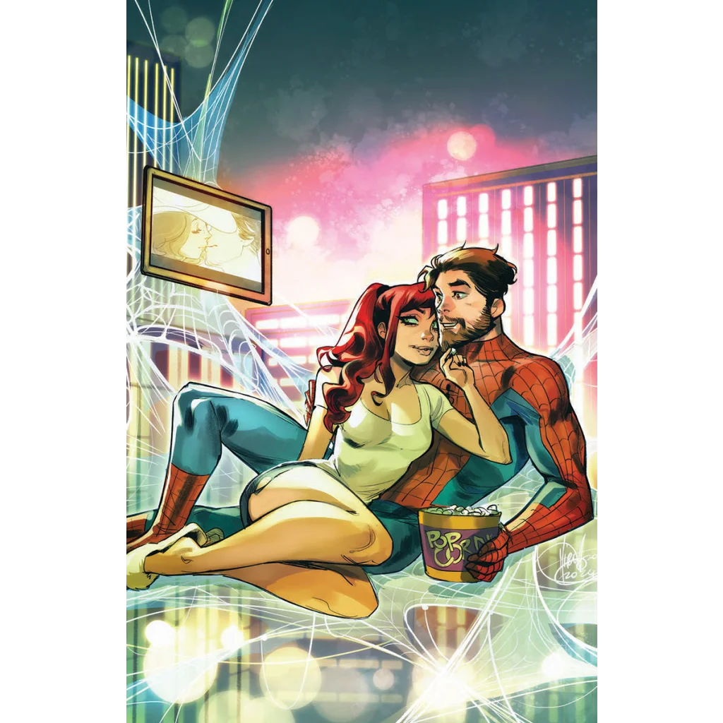 Comic book illustration of Spider-Man and Mary Jane relaxing from Ultimate Spider Man Unknown Comics Exclusive Mirka Andolfo Virgin Cover