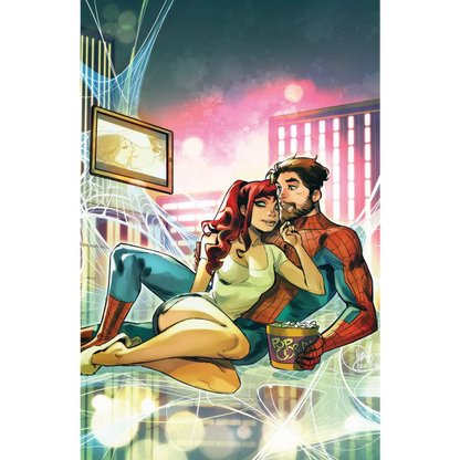 Comic book illustration of Spider-Man and Mary Jane relaxing from Ultimate Spider Man Unknown Comics Exclusive Mirka Andolfo Virgin Cover