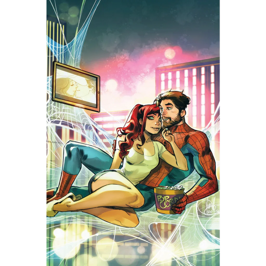 Comic book illustration of Spider-Man and Mary Jane relaxing from Ultimate Spider Man Unknown Comics Exclusive Mirka Andolfo Virgin Cover