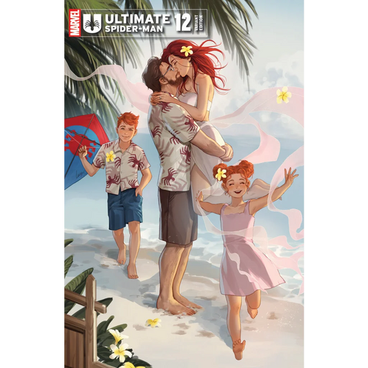 Beach umbrella with red and white stripes, blue canopy, floral design for Ultimate Spider-Man comics Leirix exclusive