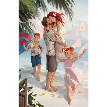 Family enjoying tropical beach while reading Ultimate Spider-Man comics Leirix exclusive