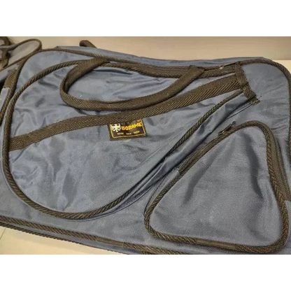 Blue borame tennis racket duffle bag with black straps and small zip pocket