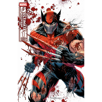 Comic book cover of ultimate wolverine by Tyler Kirkham with bloodied wounds