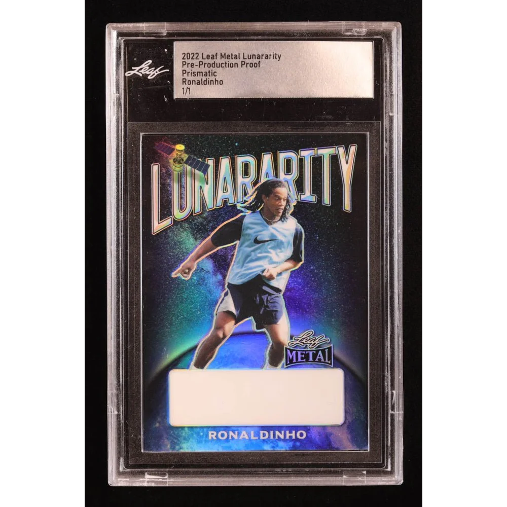 A graded 2022 Leaf Metal Lunararity Pre-Production Proof Ronaldinho trading card in Ultra Rare 1/1 holographic edition