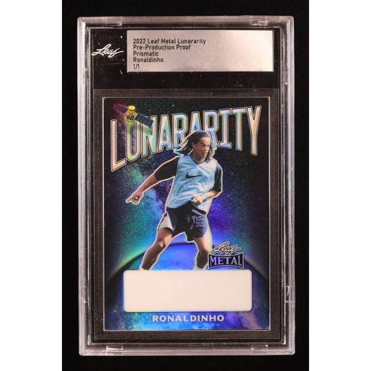 A graded 2022 Leaf Metal Lunararity Pre-Production Proof Ronaldinho trading card in Ultra Rare 1/1 holographic edition
