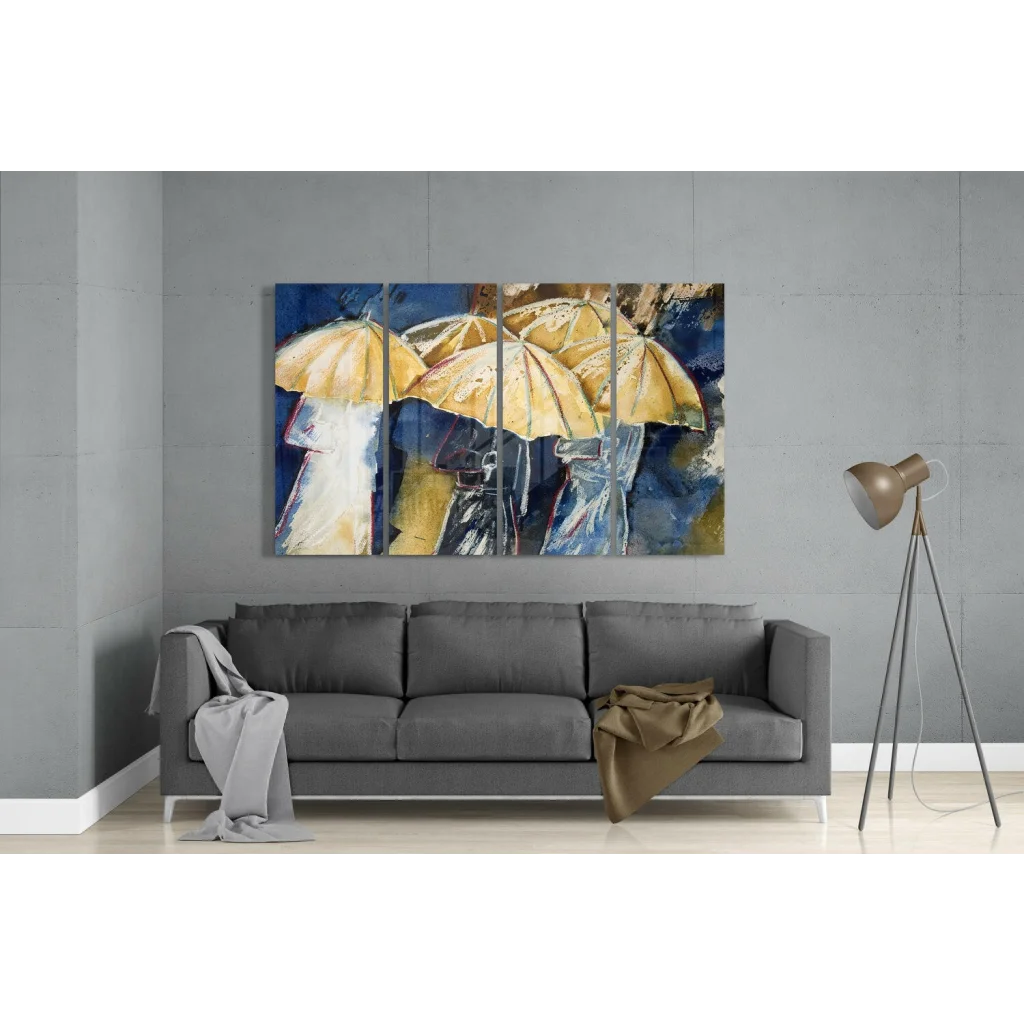 Vibrant yellow umbrella glass wall art triptych on blue canvas above sofa