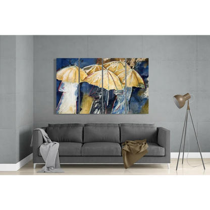 Vibrant yellow umbrella glass wall art triptych on blue canvas above sofa