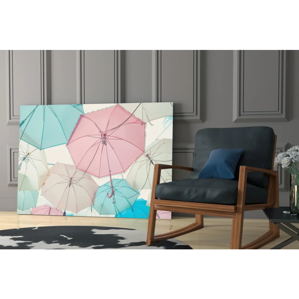 Pastel pink teal white umbrella wall art canvas print