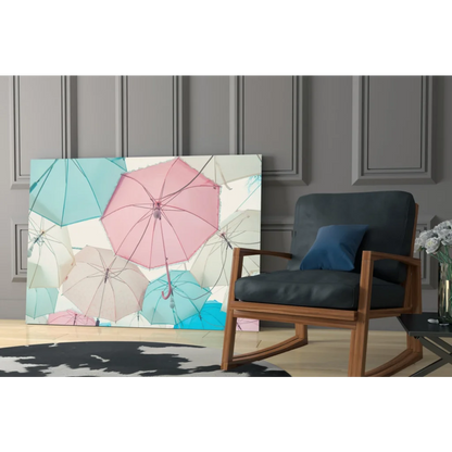 Pastel pink teal white umbrella wall art canvas print