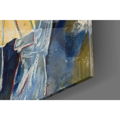 Abstract glass wall art with textured blue, yellow, white brushstrokes