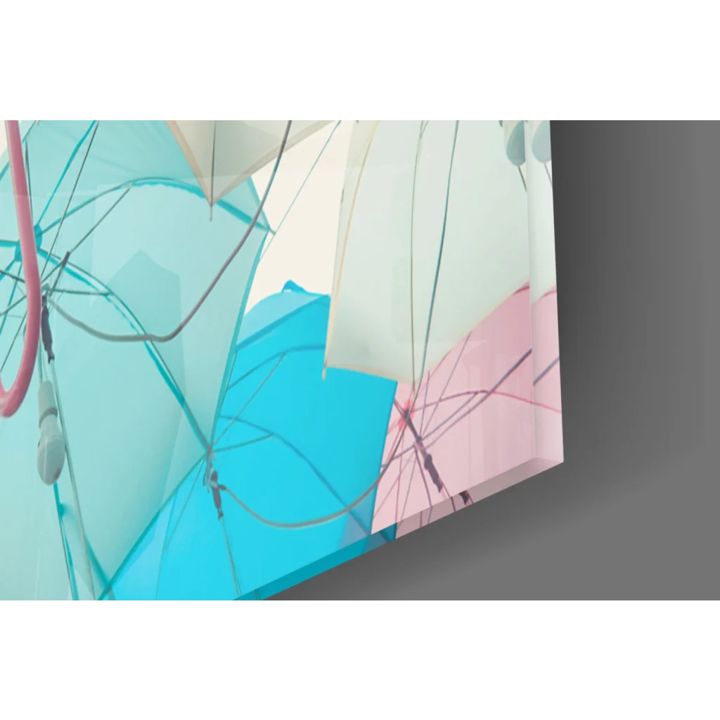 Vibrant pastel umbrella wall art canvas print in turquoise, pink, white