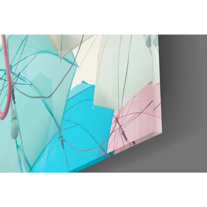 Vibrant pastel umbrella wall art canvas print in turquoise, pink, white