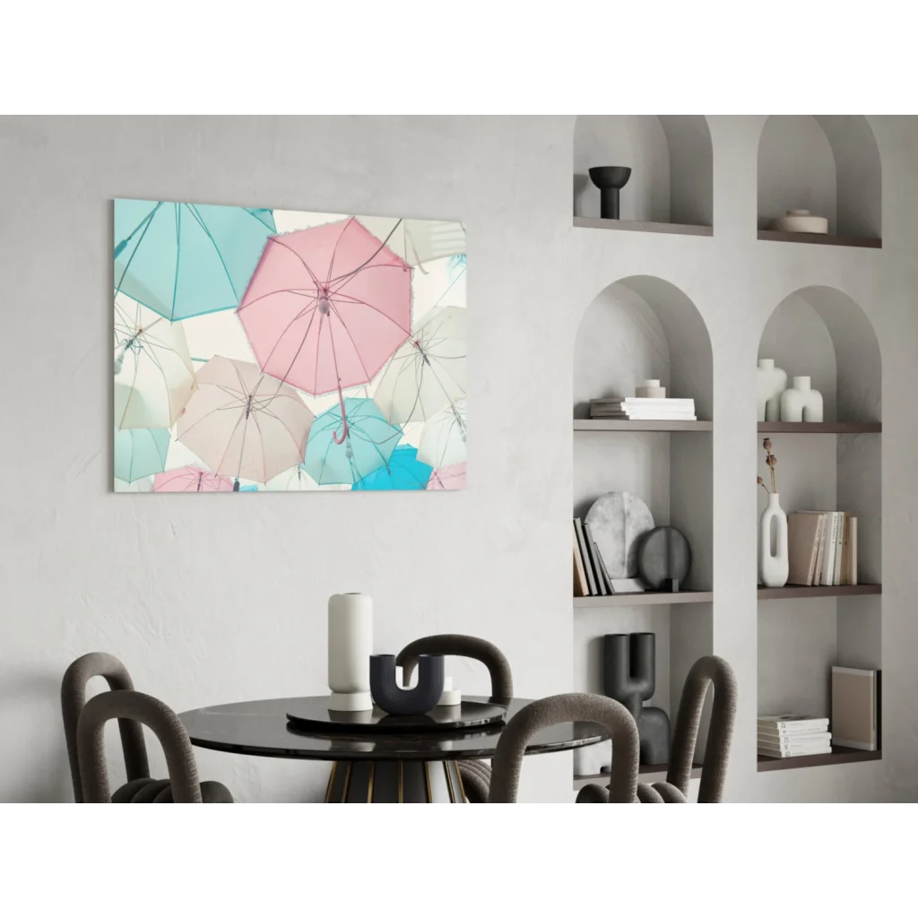 Pastel umbrella collage wall art print hanging on wall