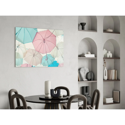 Pastel umbrella collage wall art print hanging on wall