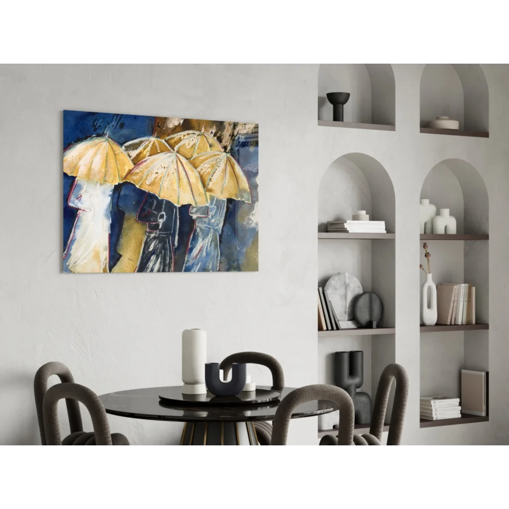 Vibrant glass wall art of three figures with yellow umbrellas on blue background