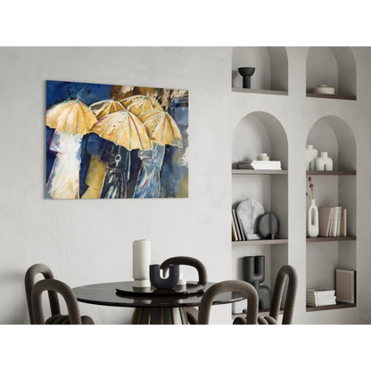 Vibrant glass wall art of three figures with yellow umbrellas on blue background