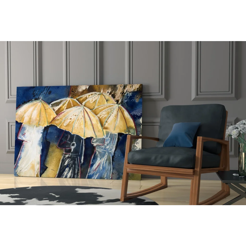 Vibrant yellow umbrellas glass wall art on deep blue background
