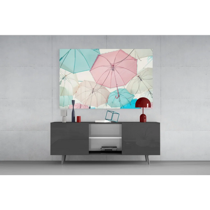 Pastel umbrella wall art print with pink, teal, cream abstracts
